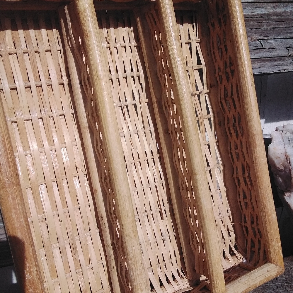 5 For $50🔥  Vintage Woven Bamboo Cutlery Or Desk Tray W Added Ribbon Trim - Picture 3 of 10